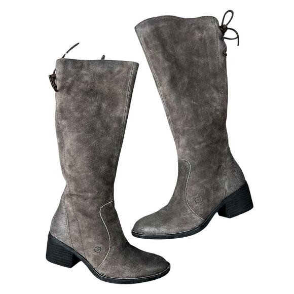 Born Felicia Knee High Gray Suede Boot w Back Lace-up Detail  Size 7.5  Mid Heel - Picture 1 of 9